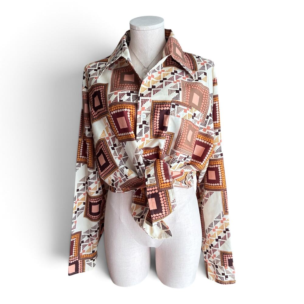 Vintage 1970s Lancer Shirt, Geometric Disco Button Up Retro Mod Print Mens Large - Picture 2 of 10